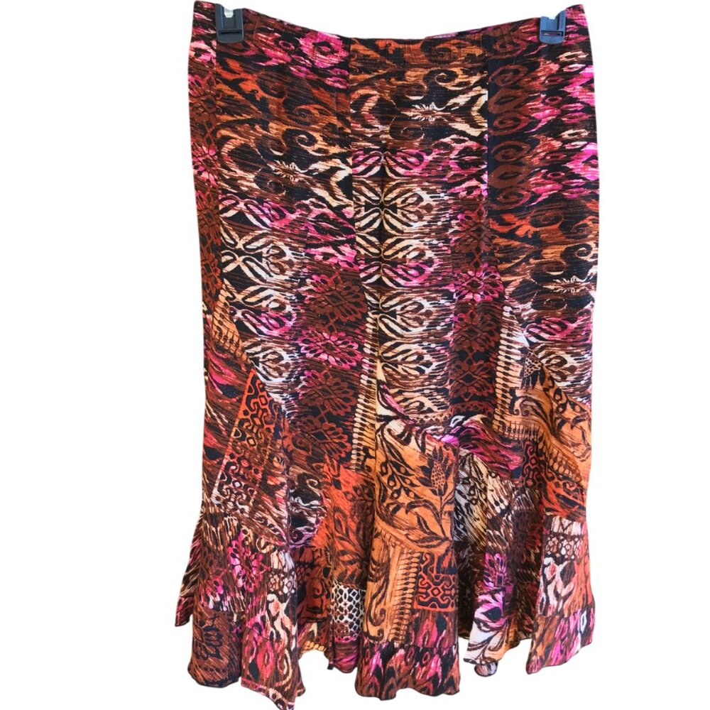 Kim Rogers Lightweight Ruffled Skirt, Floral Animal Print Autumn Colors Size M
